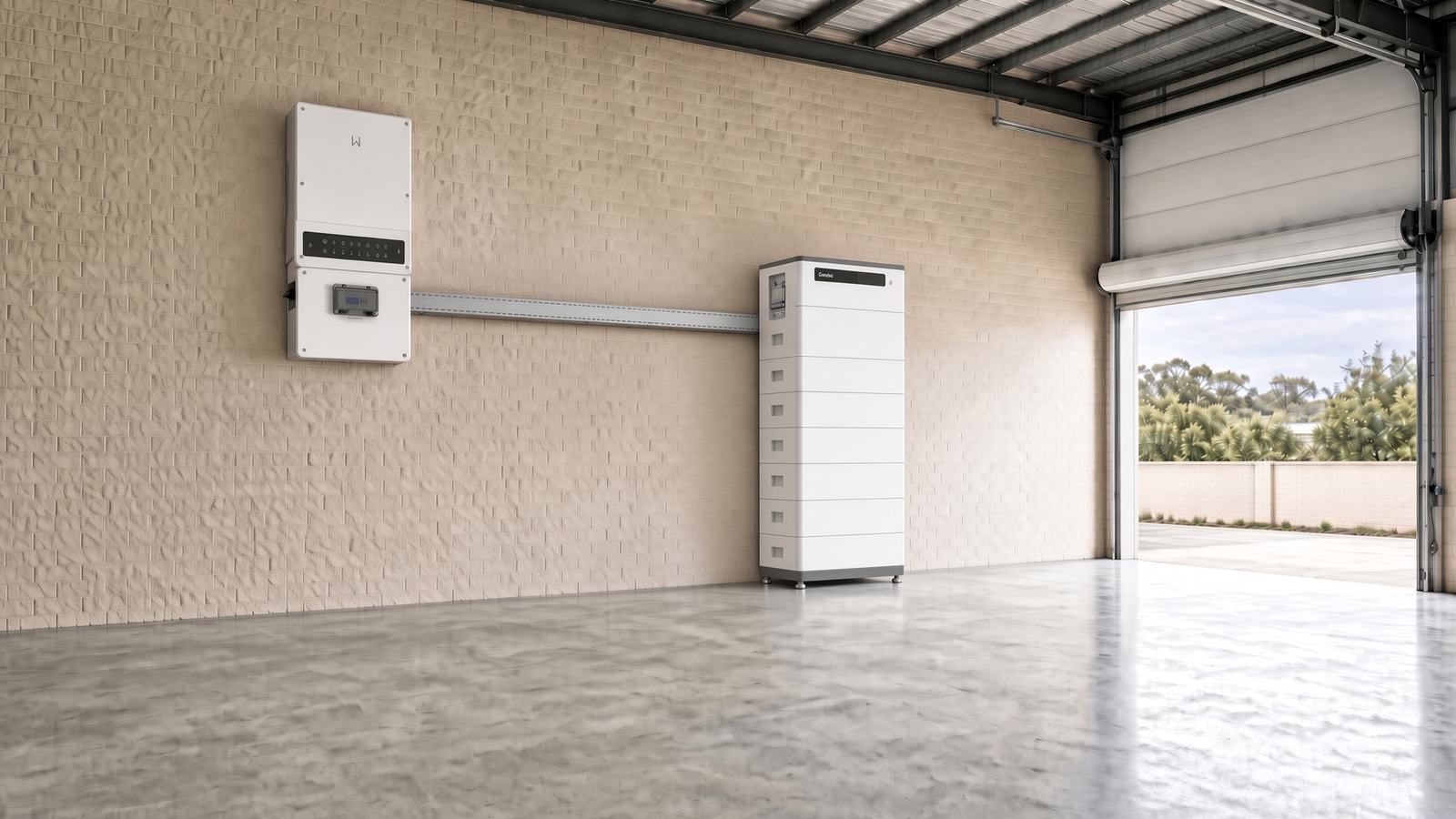 GoodWe EHB high on the wall, 1.5 m of RUNNUR cable tray, Lynx F G2 22.4 kWh stack against the garage wall