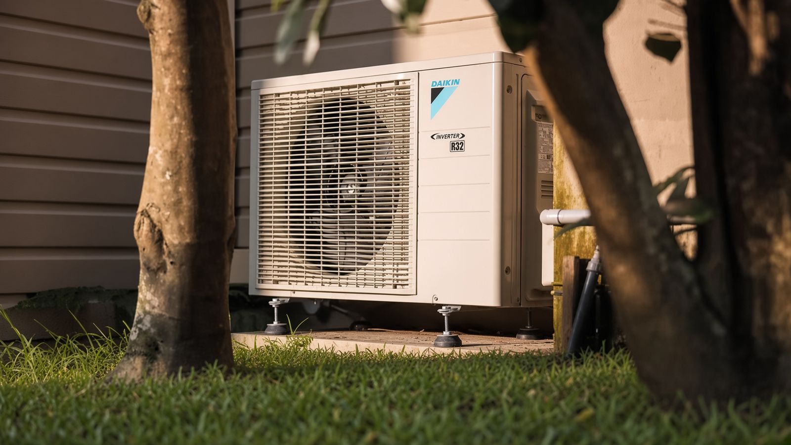Daikin reverse-cycle outdoor unit on an Australian weatherboard